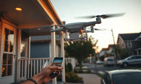 Zipline delivery drone hovering above a residential street for an Uber Eats order
