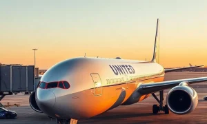 United Airlines Boeing 777-200ER aircraft parked at airport gate during golden hour