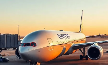 United Airlines Boeing 777-200ER aircraft parked at airport gate during golden hour