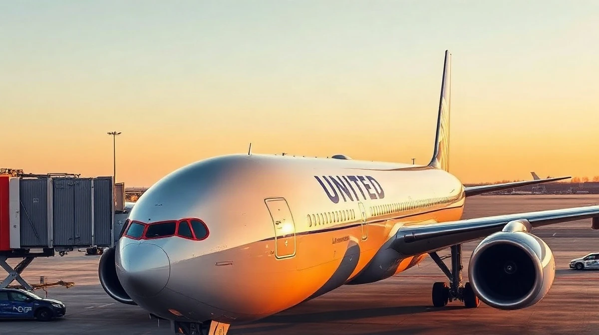 United Airlines Boeing 777-200ER aircraft parked at airport gate during golden hour