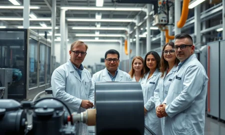 Engineers inspecting battery material production line in a US manufacturing facility