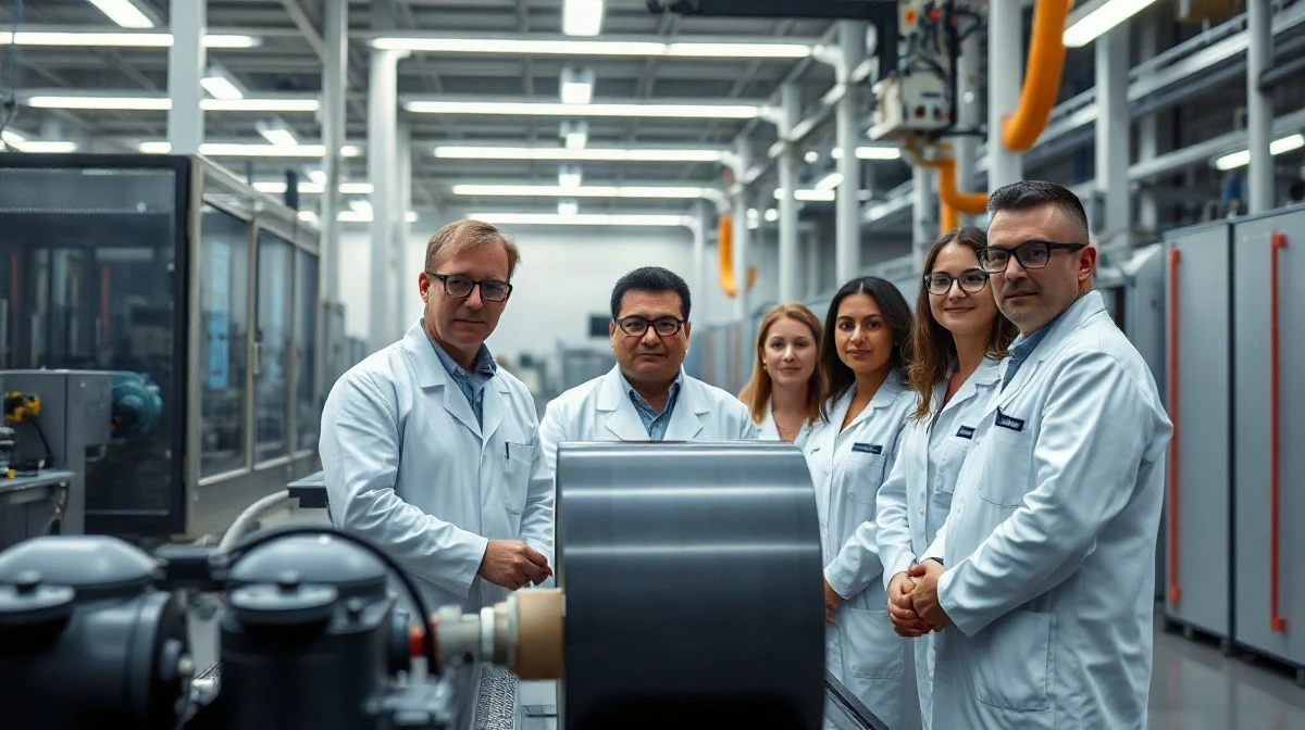 Engineers inspecting battery material production line in a US manufacturing facility