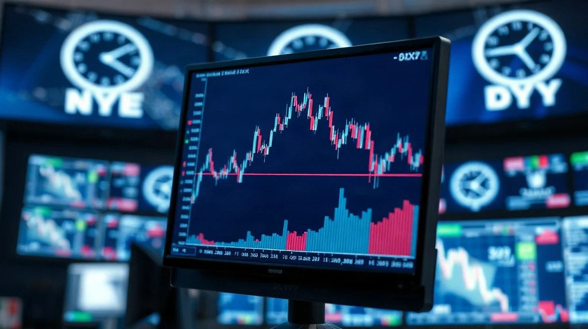 Financial monitor showing US Dollar Index chart with price action near 100 level