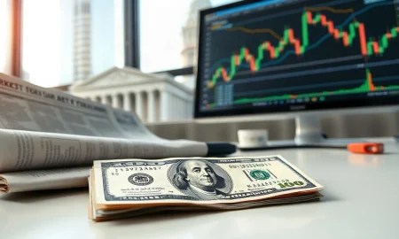 US Dollar banknote with financial charts and US Treasury building in background