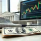 US Dollar banknote with financial charts and US Treasury building in background