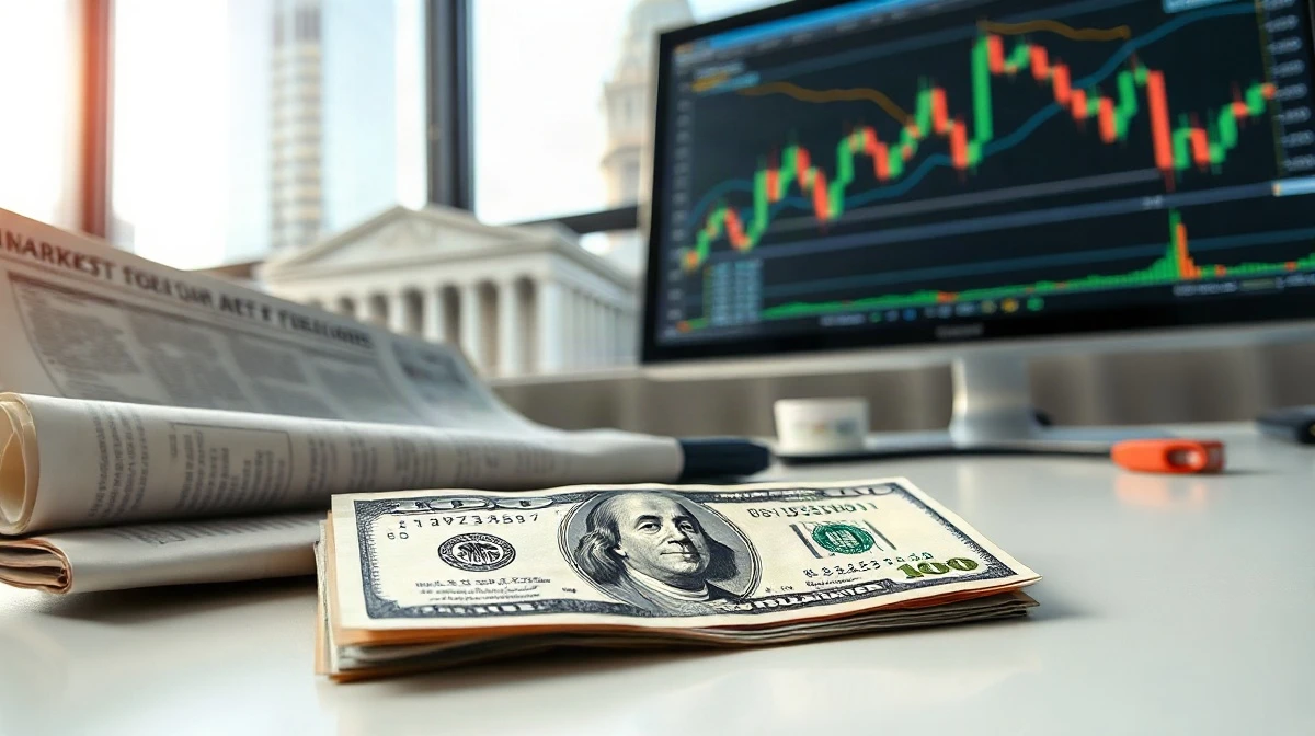 US Dollar banknote with financial charts and US Treasury building in background