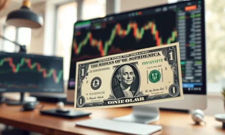 US dollar banknote with forex charts on a monitor in a trading office