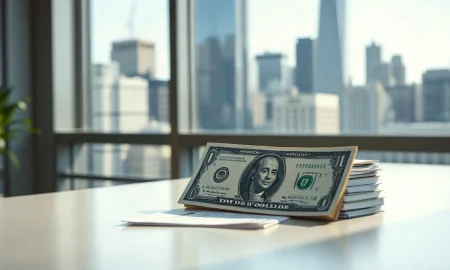US dollar banknote and Treasury documents on a desk with a financial district backdrop