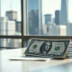 US dollar banknote and Treasury documents on a desk with a financial district backdrop