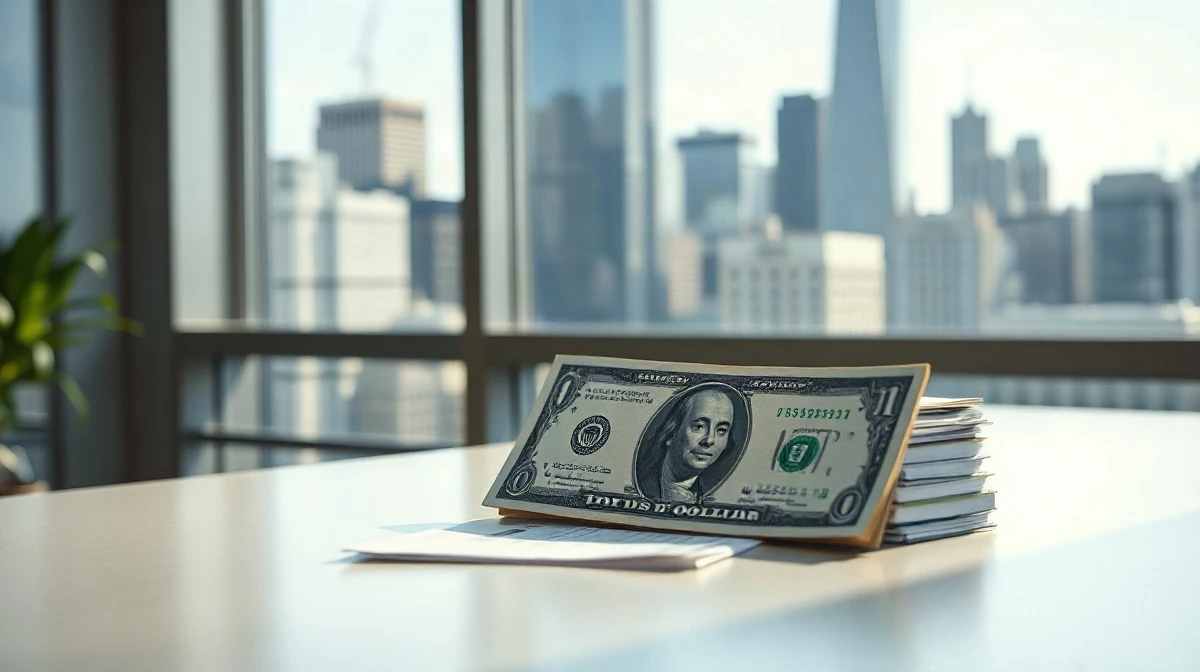 US dollar banknote and Treasury documents on a desk with a financial district backdrop