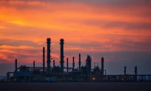 Aerial view of an oil refinery at sunset, representing Iran's energy infrastructure.