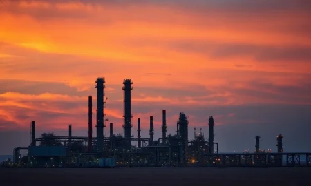 Aerial view of an oil refinery at sunset, representing Iran's energy infrastructure.