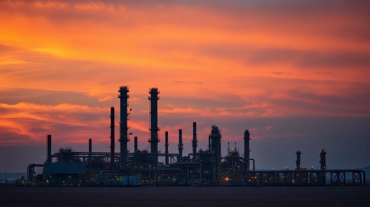 Aerial view of an oil refinery at sunset, representing Iran's energy infrastructure.
