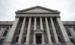 US Treasury building in Washington, DC, on a cloudy day