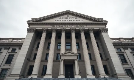 US Treasury building in Washington, DC, on a cloudy day