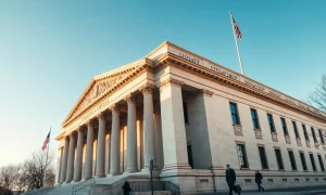 U.S. Treasury Department building in Washington, D.C., on a sunny afternoon.
