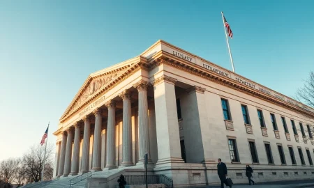 U.S. Treasury Department building in Washington, D.C., on a sunny afternoon.