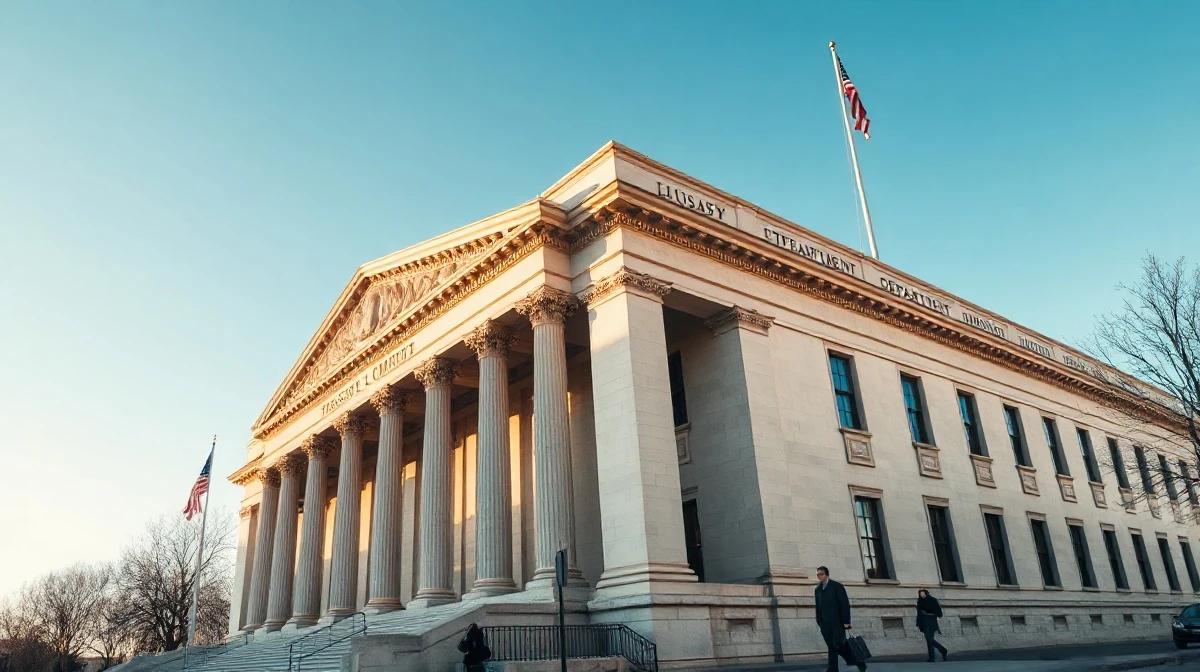 U.S. Treasury Department building in Washington, D.C., on a sunny afternoon.