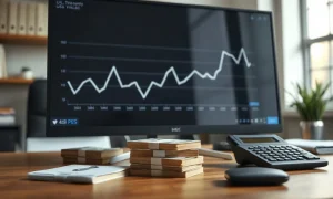 Financial analyst's desk with a monitor showing rising US Treasury yield chart and bonds