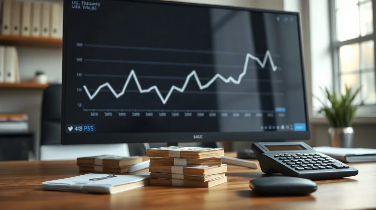 Financial analyst's desk with a monitor showing rising US Treasury yield chart and bonds