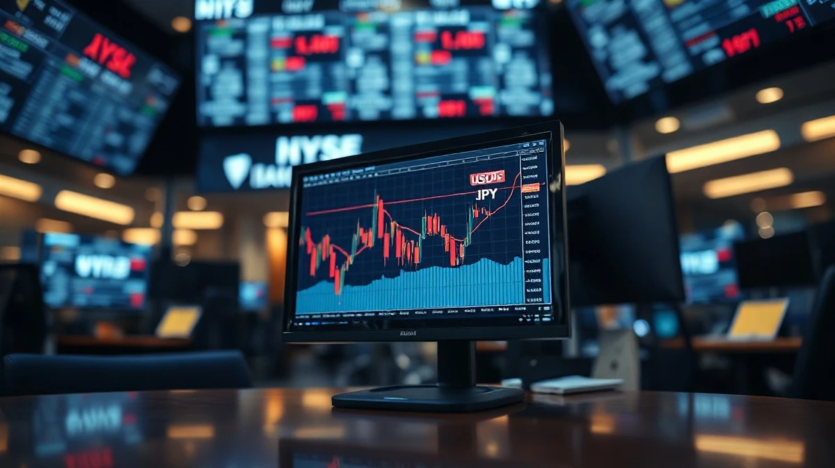 Trading screen showing USD/JPY chart with downward trend line in a financial trading floor