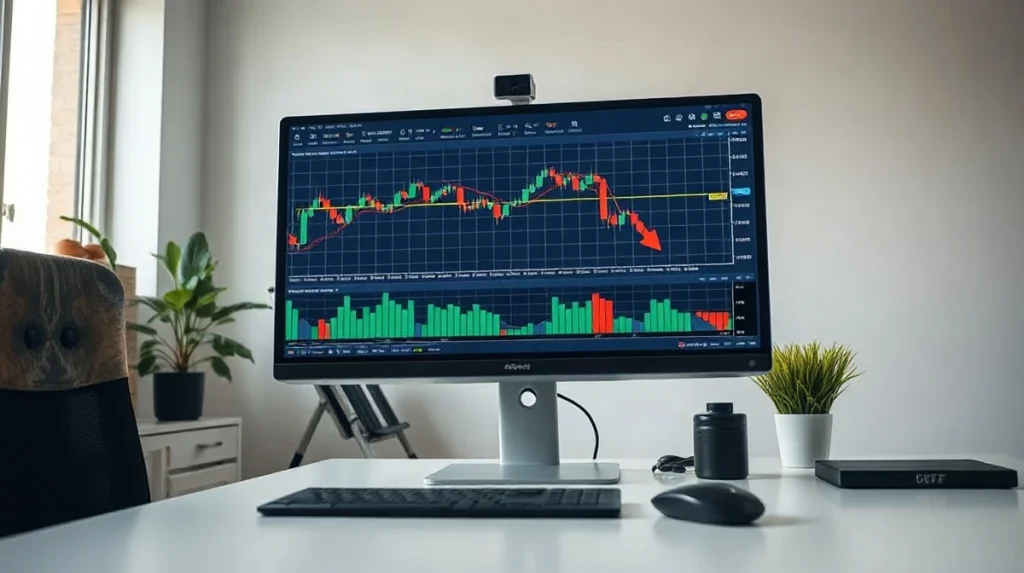 Analyst reviewing ETF flow data on a monitor showing a declining chart