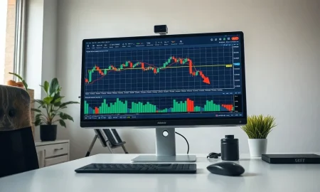 Analyst reviewing ETF flow data on a monitor showing a declining chart