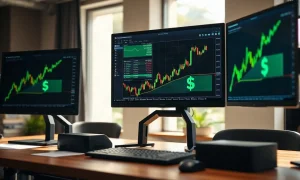 Stock market trading desk with monitors showing financial charts and a green upward trend line