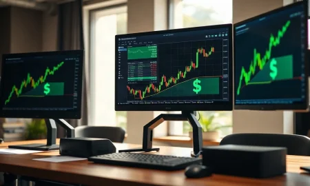 Stock market trading desk with monitors showing financial charts and a green upward trend line