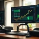 Stock market trading desk with monitors showing financial charts and a green upward trend line