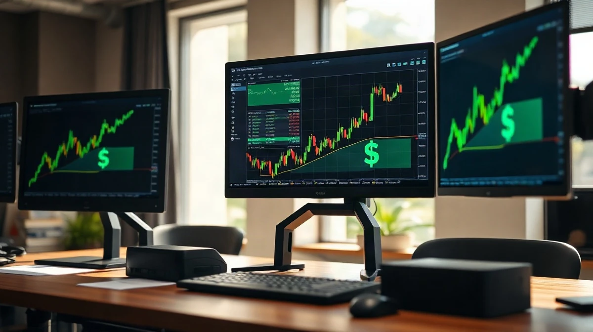 Stock market trading desk with monitors showing financial charts and a green upward trend line