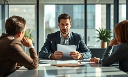 Startup founder meeting with investors in a glass-walled office, tense atmosphere