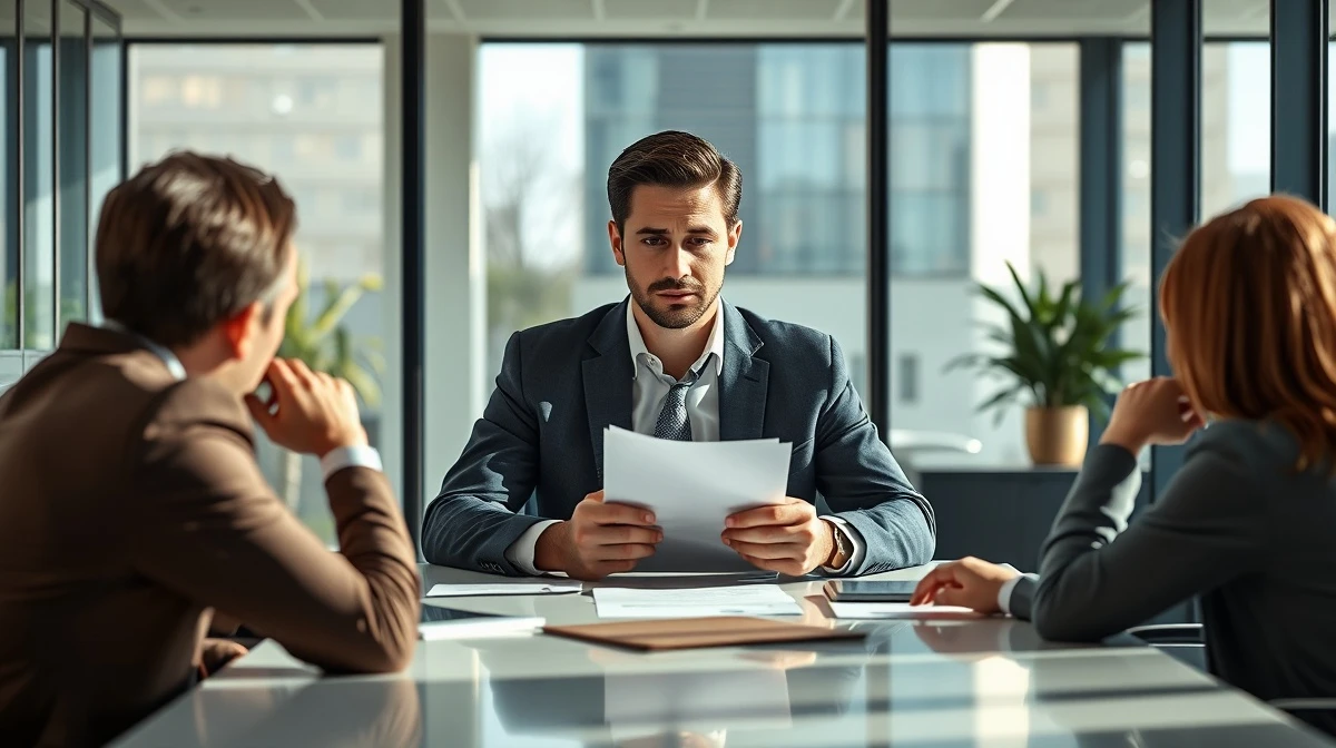 Startup founder meeting with investors in a glass-walled office, tense atmosphere