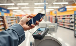 Shopper using a smartphone for contactless payment at a Walmart checkout