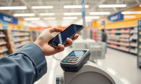 Shopper using a smartphone for contactless payment at a Walmart checkout