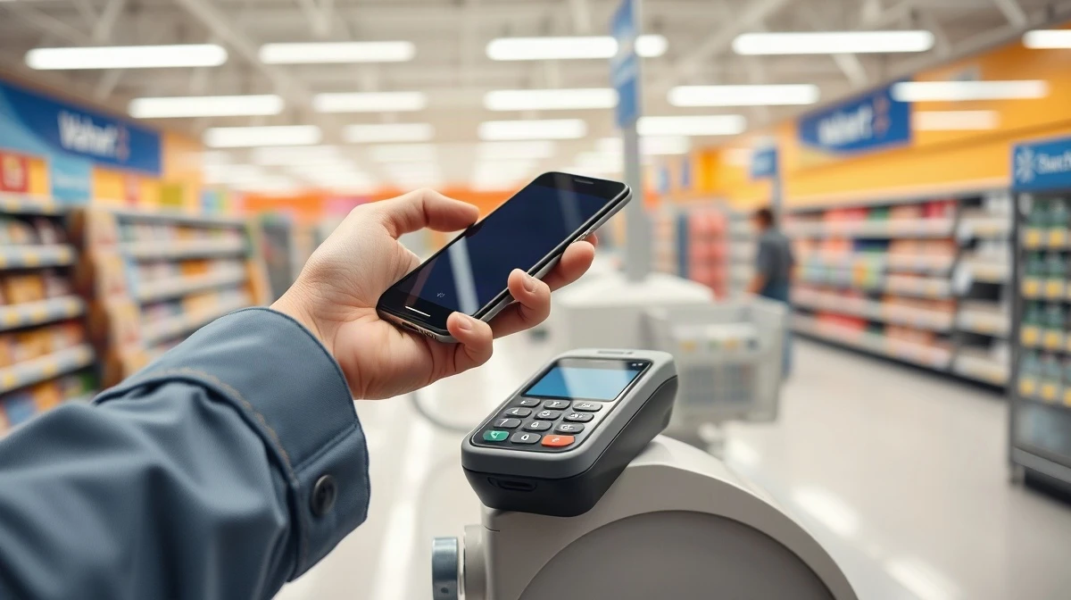 Shopper using a smartphone for contactless payment at a Walmart checkout