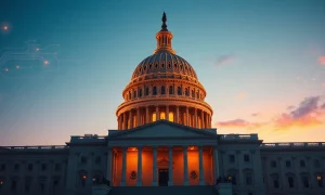 US Capitol building with digital circuit overlay representing AI policy