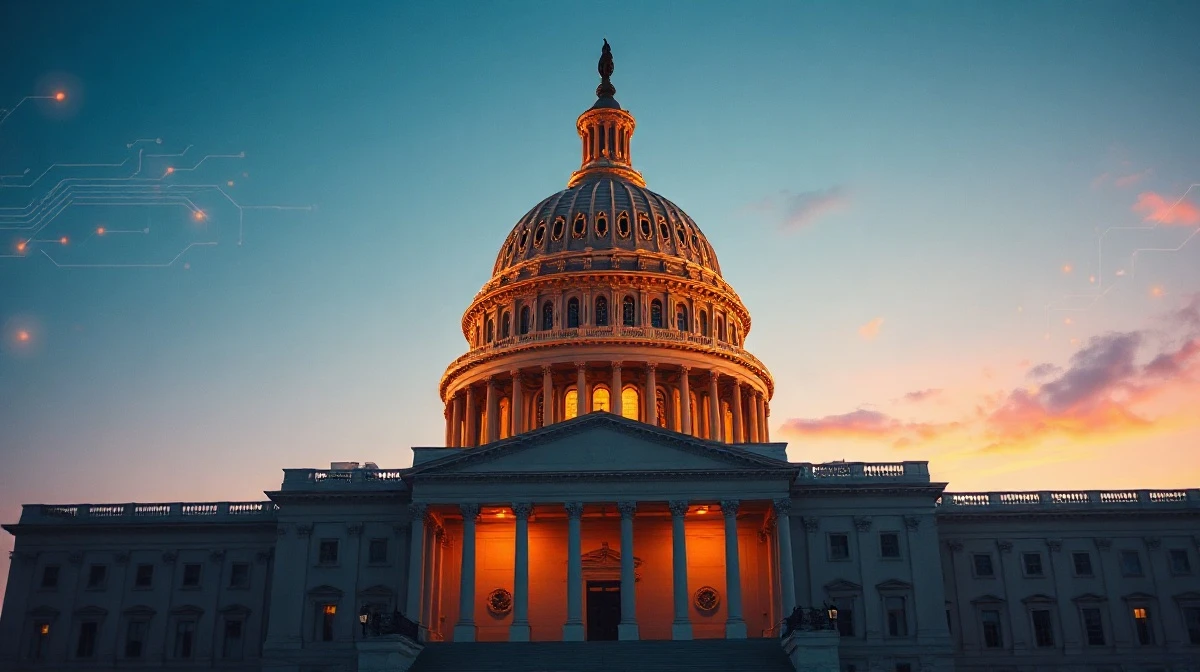 US Capitol building with digital circuit overlay representing AI policy
