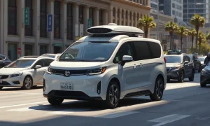 A Waymo Ojai robotaxi driving on a city street, equipped with cameras and sensors.