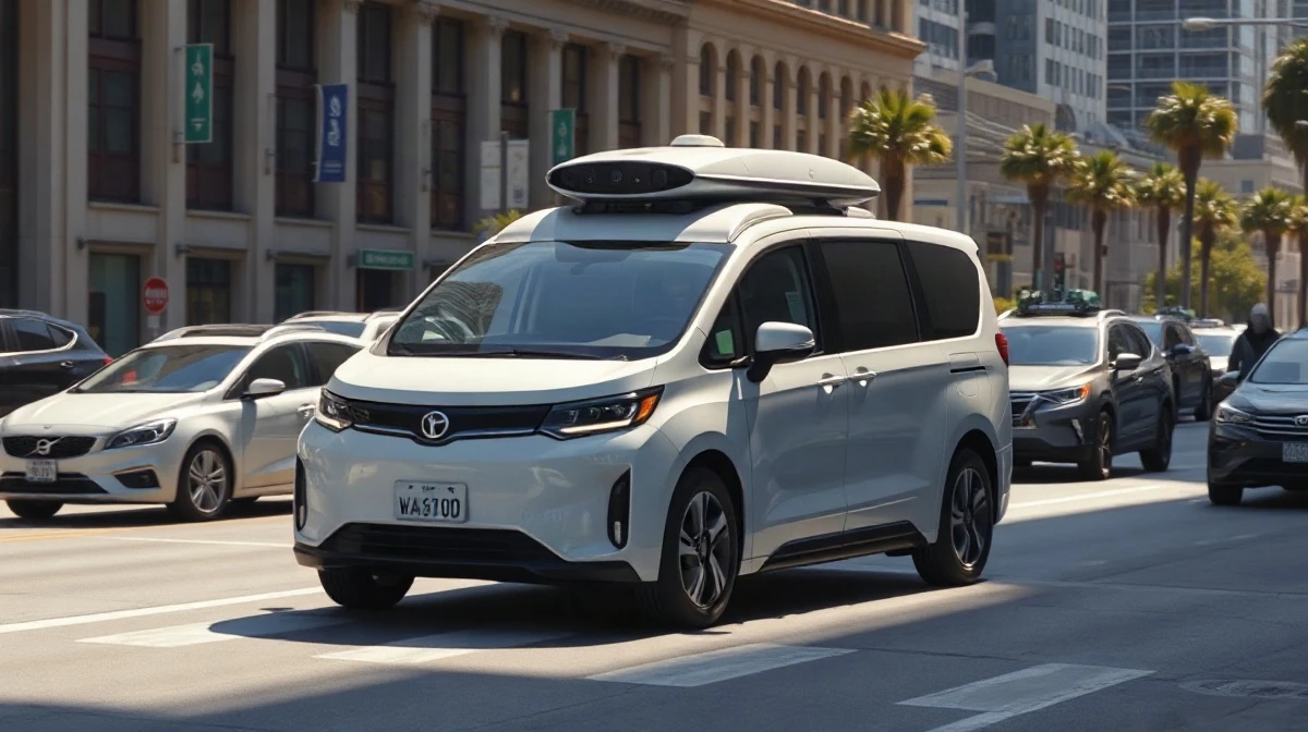 A Waymo Ojai robotaxi driving on a city street, equipped with cameras and sensors.