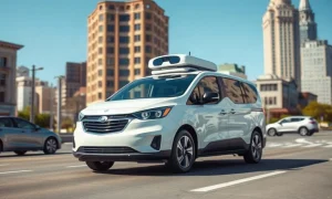Waymo Ojai robotaxi driving on a sunny San Francisco street