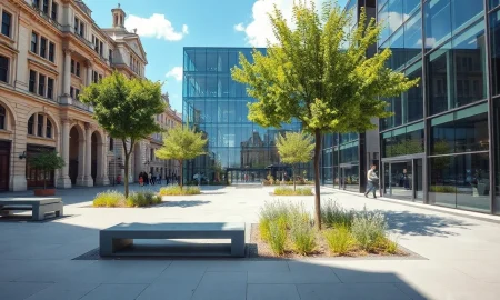 A redesigned London square with climate-resilient features like shaded seating and permeable paving