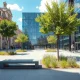 A redesigned London square with climate-resilient features like shaded seating and permeable paving