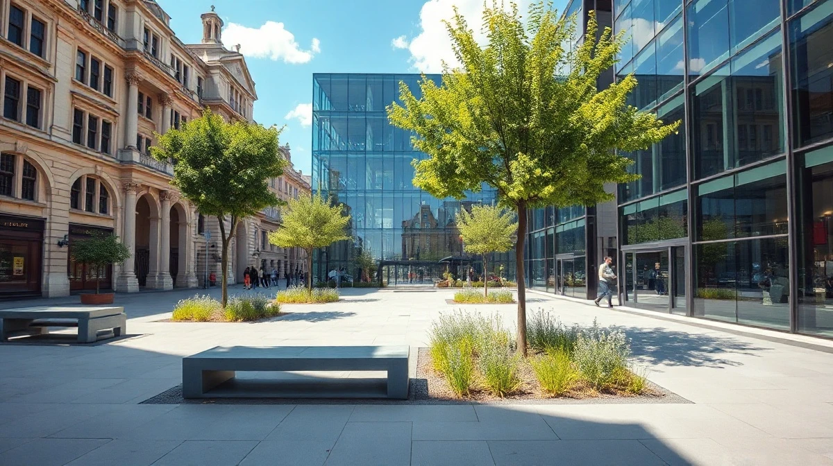A redesigned London square with climate-resilient features like shaded seating and permeable paving