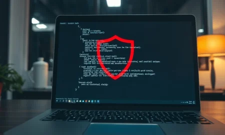 Laptop screen with code and shield icon representing the Windows zero-day vulnerability