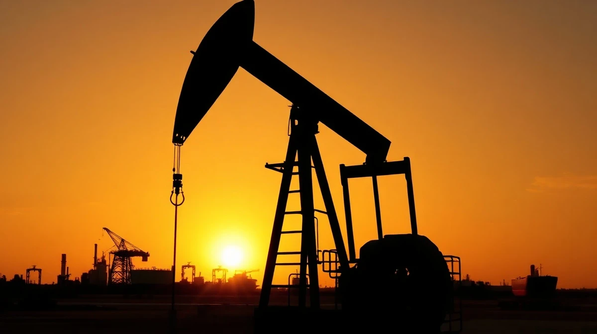 Oil pump jack silhouetted against a sunset, representing WTI crude oil price movements.
