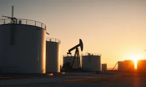 Aerial view of oil storage tanks and pumpjack at a WTI crude facility at sunset