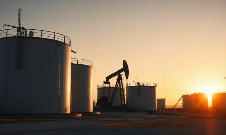 Aerial view of oil storage tanks and pumpjack at a WTI crude facility at sunset