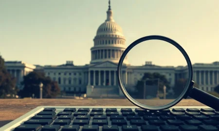 U.S. Capitol building with a magnifying glass over a keyboard, representing oversight of federal hacking tools