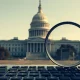 U.S. Capitol building with a magnifying glass over a keyboard, representing oversight of federal hacking tools